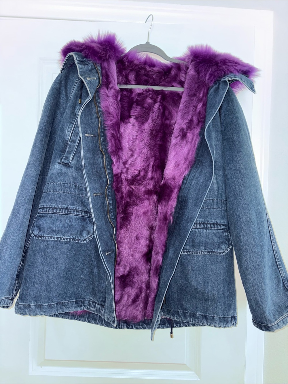 INTERMIX RARE! Denim Parka Coat with removable 100% Purple Lamb Fur Size 36 4/6